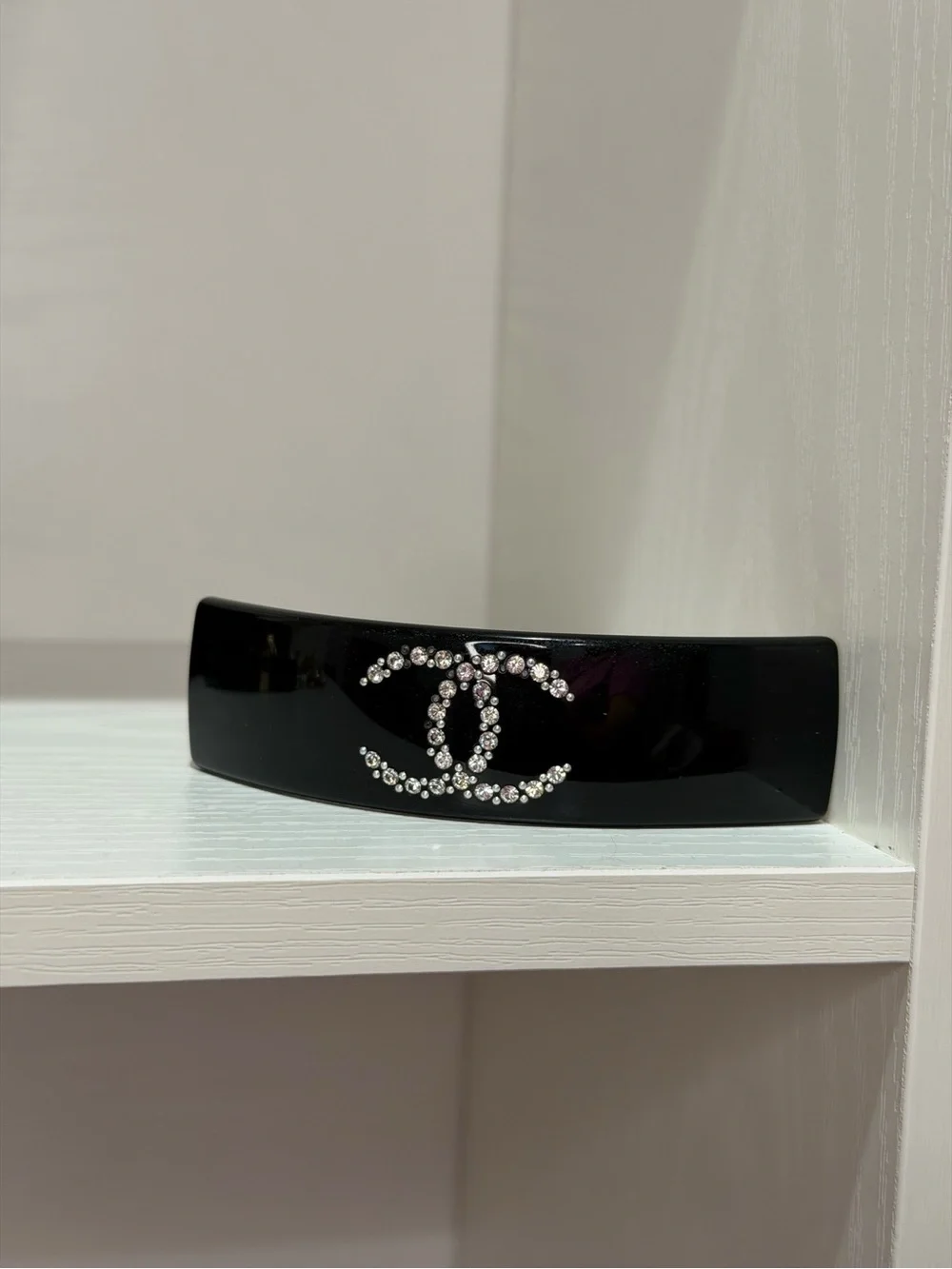 CHANEL Black Crystal CC Logo Hair Barrette